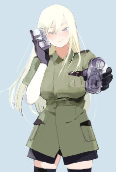 1girl alcohol alternate_costume bad_id beer beer_can bismarck_(kancolle) black_gloves black_thighhighs blonde_hair blue_background blush breasts can collared_shirt drink_can gloves green_shirt grey_eyes hageshii_nakano hair_between_eyes holding holding_can kantai_collection large_breasts long_hair looking_at_viewer one_eye_closed shirt simple_background smile solo star_(symbol) thighhighs