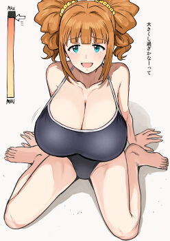 :d alternate_breast_size_(larger) aqua_eyes attribute_slider bare_legs bare_shoulders barefoot blue_one-piece_swimsuit blunt_bangs blush breast_slider breasts cleavage commentary_request from_above highres huge_breasts idolmaster idolmaster_(classic) looking_at_viewer one-piece_swimsuit open_mouth orange_hair scrunchie shadow short_hair short_twintails sidelocks sitting smile solo swimsuit takatsuki_yayoi translation_request tsurui twintails wariza white_background