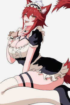 1girl absurdres alternate_costume animal_ear_fluff animal_ears black_dress black_shoes black_thighhighs breasts cleavage dress fingerless_gloves fishnet_gloves fishnets gloves high_heels highres indie_virtual_youtuber large_breasts looking_at_viewer meibin official_alternate_hair_length official_alternate_hairstyle open_mouth shoes solo tail thigh_strap thighhighs tongue tongue_out virtual_youtuber white_background wolf_ears wolf_girl wolf_tail yellow_eyes zentreya