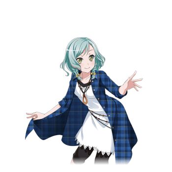 Rule 34 | 1girl, anime coloring, aqua hair, bang dream!, bent back, black pants, blue jacket, bow, braid, breasts, checkered clothes, checkered jacket, closed mouth, collarbone, dress, green eyes, hair bow, hand up, hikawa hina, hunched over, jacket, jewelry, lace, lace-trimmed dress, lace trim, long sleeves, looking at viewer, medium breasts, medium hair, necklace, official art, open clothes, open hand, open jacket, pants, side braids, smile, solo, standing, transparent background, twin braids, white dress, yellow bow