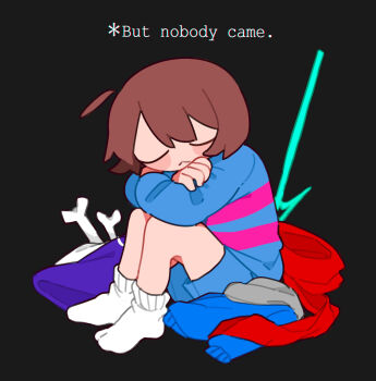 1other black_background blue_sweater blush_stickers bone brown_hair closed_eyes english_text frisk_(undertale) full_body highres long_sleeves polearm purple_vest red_scarf scarf short_hair shorts simple_background solo spear striped_clothes striped_sweater sweater tadeno undertale utdr_(toby_fox) vest weapon