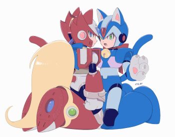 2boys android animal_ears animal_hands armor bell blonde_hair blue_armor blue_eyes blue_helmet blue_tail cat_boy cat_ears cat_tail commentary_request forehead_jewel full_body gloves green_eyes helmet highres jingle_bell kneeling long_hair mega_man_(series) mega_man_x_(series) multiple_boys olf_megaman paw_gloves red_armor red_helmet red_tail simple_background tail white_background x_(mega_man) zero_(mega_man)