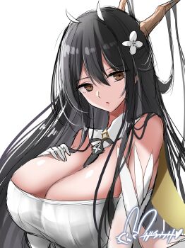 1girl absurdres artist_logo azur_lane bare_shoulders black_hair breasts brown_eyes cleavage commentary_request detached_collar elbow_gloves flower gloves hair_between_eyes hair_flower hair_ornament hand_on_own_chest highres hisin huge_breasts indomitable_(azur_lane) logo long_hair simple_background solo upper_body very_long_hair white_background white_flower white_gloves