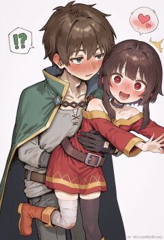 !? 1boy 1girl ai-assisted artist_name asymmetrical_legwear bandaged_leg bandages bare_shoulders blush body_blush carrying carrying_person choker couple cowboy_shot dated dating drunk ear_blush embarrassed full-face_blush gloves happy heart heart-shaped_pupils hetero highres holding hug hug_from_behind kono_subarashii_sekai_ni_shukufuku_wo! looking_to_the_side megumin open_mouth patreon_username petite princess_carry red_eyes satou_kazuma self-upload simple_background skindentation smile smug spoken_heart standing surprised sweat sweatdrop symbol-shaped_pupils thighhighs twitter_username watashinogovno white_background wide-eyed zettai_ryouiki