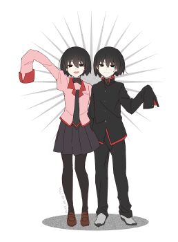 Rule 34 | 1boy, 1girl, :3, :d, ^^^, absurdres, arm behind another's back, arm up, artist name, black eyes, black hair, black jacket, black necktie, black pants, black pantyhose, black shirt, black skirt, bob cut, brown shoes, closed mouth, collared shirt, commentary, dated, dress shirt, dual persona, empty eyes, gakuran, grey shoes, hair between eyes, high collar, highres, initial, jacket, light smile, loafers, long sleeves, manimani (mani ma), monogatari (series), naoetsu high school uniform, narrowed eyes, necktie, open mouth, oshino ougi, outstretched arms, pale skin, pants, pantyhose, pink shirt, pleated skirt, red trim, school uniform, shadow, shirt, shoes, short hair, side-by-side, signature, skirt, sleeves past fingers, sleeves past wrists, smile, standing, turtleneck, undershirt, white background