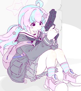 1girl against_wall ahoge backpack bag black_neckerchief blue_archive blue_hair blue_socks closed_mouth commentary crack cracked_wall english_commentary grey_jacket grey_shirt grey_skirt gun hair_ornament halo handgun holding holding_gun holding_weapon jacket light_blush long_hair low_twintails moppynoko multicolored_hair neckerchief on_ground open_clothes open_jacket panties pantyshot pink_bag pink_hair pink_halo pink_shoes pink_socks pleated_skirt reisa_(blue_archive) sailor_collar shirt shoes sitting skirt socks solo star_(symbol) star_hair_ornament star_halo striped_clothes striped_socks taking_cover twintails two-tone_hair two-tone_socks underwear upskirt weapon white_sailor_collar