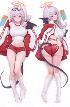 1girl absurdres akita_hika arms_up ass back blue_archive blush braid breasts buruma commentary_request dakimakura_(medium) demon_tail demon_wings detexted eyewear_on_head full_body glasses gym_uniform halo haruna_(blue_archive) haruna_(track)_(blue_archive) highres jacket jacket_on_shoulders kneehighs kneepits large_breasts long_hair long_tail looking_at_viewer looking_back multiple_views navel official_alternate_costume red_buruma red_eyes red_jacket shirt short_sleeves side_braid single_wing smile socks stomach tail third-party_edit track_jacket white_hair white_shirt wings