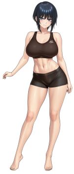 1girl abs absurdres bare_arms bare_legs bare_shoulders barefoot bike_shorts black_hair black_shorts black_sports_bra blue_eyes breasts cleavage collarbone commentary_request contrapposto crop_top feet full_body hair_between_eyes highres large_breasts legs linea_alba looking_at_viewer merontrpg midriff navel original short_hair short_shorts shorts simple_background smile solo sports_bra stomach thighs toenails toes toned toned_female white_background