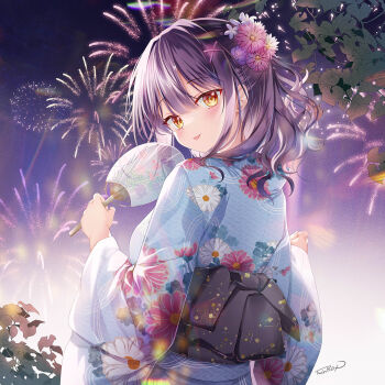 Rule 34 | 1girl, aerial fireworks, black hair, blue kimono, commentary request, fireworks, floral print, flower, from behind, hair flower, hair ornament, hairclip, hand fan, highres, holding, holding fan, japanese clothes, kimono, looking at viewer, looking back, nanami yuuno, night, obi, outdoors, paper fan, pink flower, print kimono, purple flower, sash, signature, sky, solo, sousouman, twinbox school, uchiwa, upper body, white flower, x hair ornament, yukata