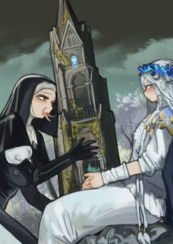 2girls absurdres black_gloves black_hood blue_cape blue_eyes braid breasts brown_eyes cape doll_joints elden_ring elden_ring_nightreign flower_wreath from_side gloves gold_trim hands_on_lap head_wreath highres in-universe_location jewelry joints kneeling large_breasts long_hair looking_at_another looking_at_viewer looking_to_the_side low_twin_braids miao_jiangyou moss multiple_girls necklace outdoors reaching revenant_(elden_ring) rock sitting tentacle_in_mouth tentacle_tongue tower twin_braids undertaker_(elden_ring) veil white_coif white_hair white_veil