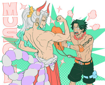 1boy 1girl aqua_background aqua_hair arm_up back bare_back bead_necklace beads belt biceps black_shorts blush breasts clenched_hand clothing_cutout covering_another covering_another&#039;s_breasts cowboy_hat earrings feet_out_of_frame flat_color flexing frown grin groin half-closed_eyes hand_on_own_hip hat highres hip_vent hoop_earrings horns jewelry jitome looking_at_another looking_at_viewer messy_hair multicolored_hair nape navel necklace nose_blush nyan_2020 one_piece orange_belt orange_hat polka_dot polka_dot_background ponytail portgas_d._ace profile puff_of_air raised_eyebrow red_skirt sanpaku short_hair shorts sideboob skirt smile sparkle sweat teeth toned toned_female toned_male topless_female topless_male two-tone_hair v-shaped_eyebrows white_background white_hair yamato_(one_piece)