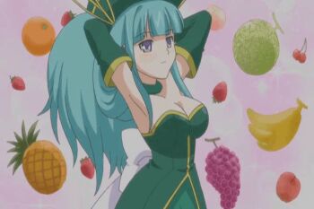 00s animated animated_gif apple banana bouncing_breasts breasts cherry food fruit grapes green_hair large_breasts long_hair melon orange_(fruit) pineapple shizzle strawberry very_long_hair weiss_survive