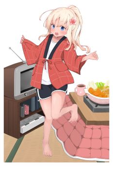 1girl absurdres alternate_costume alternate_hairstyle barefoot black_shorts blonde_hair blue_eyes cup dolphin_shorts full_body highres hotpot imonegi_oekaki japanese_clothes jinbei_(clothes) kantai_collection kotatsu long_hair mug ponytail ro-500_(kancolle) shirt shorts simple_background solo table tatami television white_background white_shirt