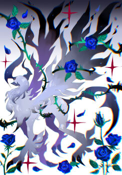 absol animal_focus asymmetrical_horns aura blue_flower blue_rose chromatic_aberration claws flower gen_3_pokemon gradient_background grin highres horns mariin_(mrn_8_8) mega_absol mega_evolution mega_pokemon nintendo no_humans one_eye_covered pokemon pokemon_(creature) profile rose sharp_tail simple_background smile solo thorns white_background white_fur white_hair white_wings wings