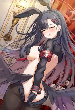 1girl animal_ears arm_cuffs ass black_gloves black_hair black_hiphighs black_wings blue_archive blunt_bangs blush closed_eyes commentary_request covering_ass covering_breasts covering_privates facing_viewer fake_animal_ears floating_hair frilled_hiphighs frills gloves hair_ornament hairclip halo hand_on_own_ass hand_on_own_chest highres hiphighs ichika_(blue_archive) indoors kuria_(clear_trip_second) long_hair low_wings median_furrow open_mouth red_halo reverse_bunnysuit reverse_outfit wings
