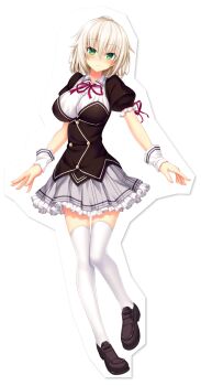 Rule 34 | 1girl, black jacket, blush, breasts, closed mouth, collared shirt, eyes visible through hair, green eyes, grey hair, grey skirt, hair between eyes, highres, jacket, large breasts, looking at viewer, neck ribbon, nora to oujo to noraneko heart, official art, oozora itsuki, pleated skirt, puffy short sleeves, puffy sleeves, raised eyebrows, red ribbon, ribbon, school uniform, shirt, short hair, short sleeves, simple background, skirt, solo, standing, tachi-e, thighhighs, transparent background, white shirt, white thighhighs, white wrist cuffs, wing collar, wrist cuffs, yuuri shachi, zettai ryouiki