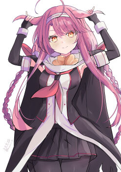 Rule 34 | 1girl, absurdres, ahoge, black pantyhose, black serafuku, blush, braid, commentary request, cowboy shot, elbow gloves, fingerless gloves, gloves, hair flaps, hair ribbon, hairband, highres, hizaka, kantai collection, kawakaze (kancolle), kawakaze kai ni (kancolle), long hair, looking at viewer, low twintails, multicolored scarf, neckerchief, one-hour drawing challenge, pantyhose, red hair, ribbon, sailor collar, scarf, school uniform, serafuku, signature, skirt, smile, twin braids, twintails, twitter username, very long hair, white scarf, yellow eyes