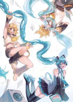 1boy 2girls absurdly_long_hair aqua_eyes aqua_hair aqua_nails aqua_necktie aqua_trim arm_up armpits bare_shoulders black_boots black_leg_warmers black_sailor_collar black_shorts black_skirt black_sleeves blonde_hair blue_eyes blush boots breasts closed_mouth collared_shirt commentary_request detached_sleeves fingernails floating_hair full_body grey_shirt hair_between_eyes hair_ornament hatsune_miku headset highres kagamine_len kagamine_rin kiekyun leg_warmers long_hair long_sleeves medium_breasts miniskirt multiple_girls musical_note musical_staff nail_polish navel necktie one_eye_closed open_mouth pleated_skirt sailor_collar shirt short_shorts shorts simple_background skirt sleeveless sleeveless_shirt sleeves_past_wrists smile solo speaker thick_thighs thigh_boots thighhighs thighs tie_clip twintails very_long_hair vocaloid white_background white_shirt yellow_trim zettai_ryouiki