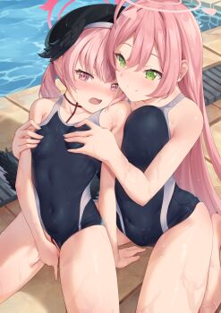 2girls absurdres age_difference black_headwear blue_archive blush breasts closed_mouth covered_navel day female_masturbation fingering grabbing_another's_breast grabbing_from_behind groping gueya hair_between_eyes halo hanako_(blue_archive) hat head_wings highres koharu_(blue_archive) large_breasts loli long_hair masturbation multiple_girls one-piece_swimsuit onee-loli open_mouth outdoors pink_hair pool poolside ringed_eyes school_swimsuit sitting small_breasts smile split_mouth swimsuit water wet winged_hat wings yuri