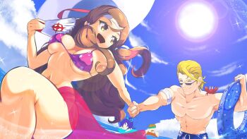 2boys 2girls arthur_(fire_emblem_fates) bartre_(fire_emblem) bikini blonde_hair blue_eyes blue_hair brown_eyes brown_hair couple fir_(fire_emblem) fire_emblem fire_emblem:_the_binding_blade fire_emblem_fates fire_emblem_heroes floatie from_below hana_(fire_emblem) hand_fan hat headband highres holding_hands husband_and_wife keldancon multiple_boys multiple_girls muscular muscular_male nintendo ocean pectorals ponytail sarong shorts sky smile sun sun_hat sunlight swimsuit thighs