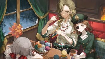 3girls absurdres aima_(reverse:1999) basket bead_necklace beads blue_eyes booth_seating braid braided_hair_rings brown_eyes brown_hair corvus_(reverse:1999) curtains cushion eyepatch fireplace gloves green_hat green_jacket grey_hair hair_rings hat highres holding holding_needle indoors jacket jewelry knitting knitting_needle long_hair matryoshka_doll multiple_girls necklace needle night one_eye_covered peaked_cap reverse:1999 rubuska shirt sitting sky sleeping sleeping_upright smile stitched_arm stitched_face stitches table white_gloves white_shirt window yarn yarn_ball yukiri_(l_ii)