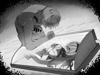 1boy 1girl against_glass blush breasts caelus_(honkai:_star_rail) eth3r female_masturbation firefly_(ar-26710)_(honkai:_star_rail) firefly_(honkai:_star_rail) grabbing_own_breast hand_blush hand_on_glass head_blush highres honkai:_star_rail honkai_(series) male_masturbation masturbating_together masturbation penis trailblazer_(honkai:_star_rail)