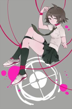 1girl ahoge bare_arms black_skirt black_socks blood blood_splatter breasts brown_eyes brown_hair closed_mouth collared_shirt commentary_request crosshair danganronpa_(series) danganronpa_2:_goodbye_despair expressionless fingernails full_body genderswap genderswap_(mtf) green_necktie grey_background highres hinata_hajime kneehighs knees large_breasts looking_at_viewer miniskirt necktie pink_blood pleated_skirt pocket shirt shoes short_hair short_sleeves simple_background skirt sneakers socks solo string_around_ankle string_around_neck string_around_wrist unagi_(nakaelric) white_shirt white_shoes