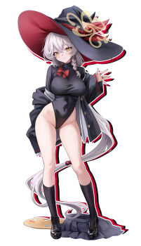 1girl absurdres black_hat black_jacket black_leotard black_shoes black_skirt black_socks blue_archive blush braid breasts brown_halo closed_mouth commentary eri_(blue_archive) full_body hair_between_eyes halo hand_up hat highleg highleg_leotard highres jacket jewelry kneehighs kottungyang large_breasts leotard loafers long_hair looking_at_viewer multiple_rings open_clothes open_jacket open_shirt outline ring shirt shoes side_halo simple_background single_braid skirt smile socks solo standing thighs unworn_skirt white_background white_hair white_outline white_shirt witch_hat