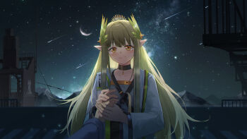 1girl 1other absurdres arknights backlighting black_choker bracelet chinese_commentary choker coat collarbone commentary_request crescent_moon dot_nose elf glint green_hair grey_shirt guard_rail hair_intakes happy highres holding_hands infection_monitor_(arknights) jewelry lab_coat laurel_crown laurels lens_flare long_hair long_sleeves meteor_shower milky_way mole mole_under_eye moon mountainous_horizon muelsyse_(arknights) night night_sky open_clothes open_coat outdoors pointy_ears pov pov_hands rhodes_island_logo_(arknights) shirt shooting_star siyu_csy sky smile solo_focus star_(sky) structure studded_bracelet tearing_up upper_body white_coat wispy_bangs yellow_eyes