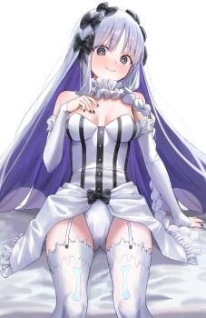 1girl absurdres black_bow black_eyes black_nails blush bow breasts closed_mouth colored_inner_hair commentary detached_sleeves dress fate/strange_fake fate_(series) francesca_prelati_(fate) garter_straps grey_hair hair_bow highres kaze_22 korean_commentary long_hair long_sleeves medium_breasts multicolored_hair panties purple_hair simple_background sitting sleeves_past_wrists smile solo strapless strapless_dress thighhighs underwear very_long_hair white_background white_dress white_panties white_thighhighs