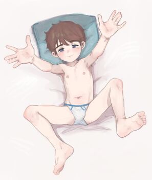 1boy absurdres blue_eyes brown_hair eirikr full_body highres lying male_focus nipples on_back original outstretched_arms short_hair shota solo third-party_edit underwear underwear_only