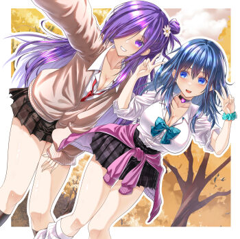 Rule 34 | 2girls, :d, absurdres, alternate costume, aqua bow, aqua bowtie, aqua scrunchie, black choker, black skirt, black socks, blue eyes, blue hair, bow, bowtie, breasts, brown cardigan, cardigan, choker, cleavage, collarbone, commentary request, contemporary, double v, dutch angle, female byleth (fire emblem), female shez (fire emblem), fire emblem, fire emblem: three houses, fire emblem warriors: three hopes, flower, gyaru, hair bun, hair flower, hair ornament, hair over one eye, highres, kneehighs, kogal, large breasts, long hair, long sleeves, looking at viewer, loose socks, medium breasts, medium hair, multiple girls, necktie, nintendo, open mouth, outstretched arm, outstretched arms, plaid bow, plaid bowtie, plaid clothes, plaid skirt, purple eyes, purple hair, red necktie, school uniform, scrunchie, selfie, shirt, single hair bun, skirt, sleeves rolled up, smile, socks, thighs, tongue, v, wade (njud8343), white shirt, white socks, wrist scrunchie