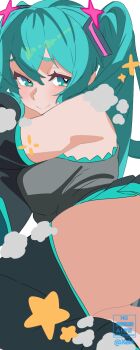 Rule 34 | 1girl, alternate breast size (larger), aqua eyes, aqua hair, aqua panties, ass, bare shoulders, black boots, black sleeves, boots, breasts, commentary, detached sleeves, dress, from behind, grey dress, hair ornament, hatsune miku, highres, legs together, long hair, looking at viewer, looking back, lying, medium breasts, panties, panty peek, raised eyebrows, short dress, smile, solo, star (symbol), steam, straight hair, striped clothes, striped panties, thigh boots, twintails, underwear, upskirt, very long hair, vocaloid, xel4