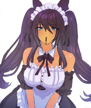 1girl animal_ears apron black_hair black_ribbon blue_eyes breasts commentary_request dark-skinned_female dark_skin detached_collar detached_sleeves ear_ornament earrings food food_in_mouth frills hair_between_eyes highres horse_ears horse_girl jewelry large_breasts long_hair looking_at_viewer maid maid_apron maid_headdress pocky pocky_in_mouth pocky_kiss ponytail remi-yuka-taimama ribbon shared_food simple_background single_earring solo split_ponytail symboli_kris_s_(umamusume) twintails_day umamusume v_arms very_long_hair white_background