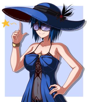 Rule 34 | 1girl, absurdres, bare shoulders, blue dress, blue hair, blue hat, bracelet, breasts, carmilla (fate), carmilla (fate) (cosplay), ciel (tsukihime), collarbone, cosplay, dress, fate/grand order, fate (series), glasses, hat, highres, jewelry, large breasts, sakurello, short hair, smile, solo, sunglasses, tsukihime, tsukihime (remake)