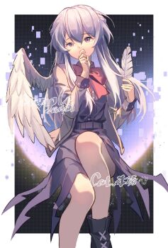 1girl angel_wings artist_name bow bowtie braid chinese_commentary commentary_request covering_own_mouth dress feathered_wings feathers grey_hair highres holding holding_feather jacket kishin_sagume long_hair long_sleeves looking_at_viewer minuo open_clothes open_jacket purple_dress red_bow red_bowtie sample_watermark single_wing solo suit_jacket touhou watermark white_wings wings