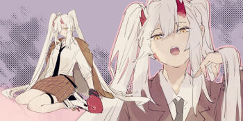 1girl black_necktie collared_shirt genderswap hair_between_eyes horns ibaraki_douji_(onmyoji) jacket jacket_on_shoulders long_hair long_sleeves mississipping multiple_views necktie onmyoji open_mouth plaid_clothes plaid_skirt shirt simple_background sitting skirt twintails wariza white_hair white_shirt yellow_eyes zoom_layer