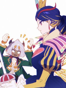 Rule 34 | 1boy, 1girl, ^^^, arms up, blank eyes, blue hair, blush, crown, dark-skinned male, dark skin, earrings, extra arms, fangs, formal clothes, from side, fua1heyvot4ifsr, holding, holding sword, holding weapon, jewelry, juliet sleeves, kirby: triple deluxe, kirby (series), long sleeves, nintendo, open mouth, personification, ponytail, puffy sleeves, queen sectonia, rapier, red eyes, sketch, smile, suit, sword, taranza, upper body, weapon, white background, white hair