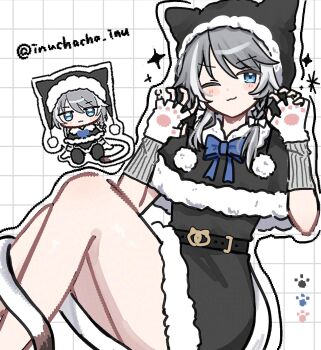 1girl alternate_costume beanie belt blue_bow blue_eyes bow braid cat_tail chibi cipher_(honkai:_star_rail) commentary dress fingerless_gloves gloves grey_hair grid_background hair_bow haruo_(haruooimo) hat highres honkai:_star_rail honkai_(series) multicolored_hair one_eye_closed streaked_hair symbol-only_commentary tail thighs