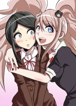 2girls arms_around_shoulders bear_hair_ornament black_hair black_shirt blonde_hair blue_eyes blush bow bowtie breasts brown_coat brown_jacket cheek-to-cheek cleavage coat collarbone collared_shirt danganronpa:_trigger_happy_havoc danganronpa_(series) enoshima_junko fingernails freckles grey_eyes hair_ornament heads_together highres holding hug ikusaba_mukuro incest jacket jewelry large_breasts long_eyelashes long_hair looking_at_another looking_to_the_side looking_up medium_breasts medium_hair multiple_girls nail_polish neck_ribbon necklace open_mouth pearl_necklace pink_background red_bow red_nails red_ribbon ribbon shiny_skin shirt siblings simple_background sisters surprised teeth twincest twins twintails upper_body upper_teeth_only v white_shirt yuri