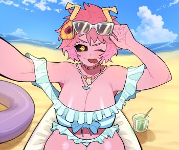 1girl absurdres ashido_mina bare_shoulders beach bikini black_sclera blush boku_no_hero_academia breasts cleavage colored_sclera colored_skin female_focus flower frilled_bikini frills glasses_on_head hair_flower hair_ornament highres horns large_breasts looking_at_viewer loopvoid messy_hair ocean one_eye_closed outdoors pink_hair pink_skin sand short_hair solo swimsuit tongue tongue_out white_bikini wink yellow_eyes yellow_flower yellow_hair_ornament yellow_horns