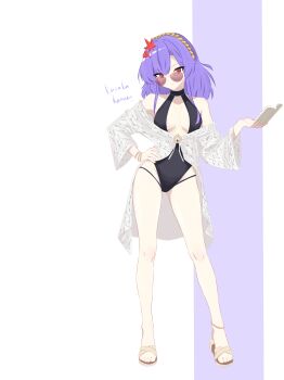 1girl absurdres alternate_costume black_one-piece_swimsuit blue_archive book breasts breasts_apart cai_han_bao chinese_commentary cleavage cleavage_cutout clothing_cutout commentary_request contrapposto cosplay full_body hair_ornament hand_on_own_hip highres holding holding_book large_breasts leaf leaf_hair_ornament long_hair looking_at_viewer maple_leaf nagisa_(blue_archive) nagisa_(blue_archive)_(cosplay) nagisa_(swimsuit)_(blue_archive) one-piece_swimsuit purple_background purple_hair red_eyes solo sunglasses swimsuit toes touhou white_background yasaka_kanako