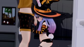 1boy 1girl 3d animated animated_gif ass ass_shake rabbit_tail clothes_pull elbow_gloves elin gloves gs-mantis hat long_hair pants pants_pull penis purple_hair short_shorts shorts tail tera_online testicles uncensored witch_hat