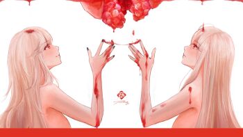 2girls arknights asi_(asiofc) black_nails blonde_hair blood blood_in_hair blood_on_hands blood_string breasts cleavage commentary_request completely_nude from_side hand_up highres large_breasts long_hair looking_up multiple_girls nail_polish nude red_eyes sideboob signature simple_background skadi_(arknights) smile specter_(arknights) upper_body very_long_hair white_background