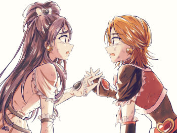 2girls arm_warmers black_arm_warmers black_shirt blue_eyes blue_hair bruise clothing_request crying crying_with_eyes_open cure_black cure_white dress earrings futari_wa_precure heart-shaped_gem holding_hands injury jewelry long_hair looking_at_another magical_girl medium_hair misumi_nagisa multiple_girls open_mouth orange_eyes orange_hair precure sasano-01 shirt simple_background tearing_up tears white_arm_warmers white_background white_dress yukishiro_honoka yuri