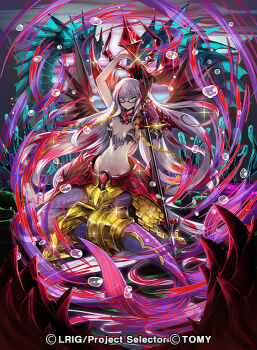 1girl arms_up black_skirt breasts carmilla_screw_(wixoss) cleavage closed_mouth copyright_notice gradient_hair green_eyes long_hair medium_breasts mermaid monster_girl moreshan multicolored_hair navel official_art red_hair sidelocks skirt solo streaked_hair very_long_hair white_hair wixoss