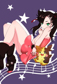 1girl armpit_crease asymmetrical_bangs black_boots black_hair black_nails boots closed_mouth dress earrings full_body gen_8_pokemon green_eyes hair_ribbon highres holding holding_poke_ball jewelry lllala0831 looking_at_viewer marnie_(pokemon) morpeko morpeko_(full) musical_staff nintendo no_jacket pink_dress poke_ball poke_ball_(basic) pokemon pokemon_(creature) pokemon_swsh purple_background red_ribbon ribbon star_(symbol) stud_earrings thighs twintails undercut