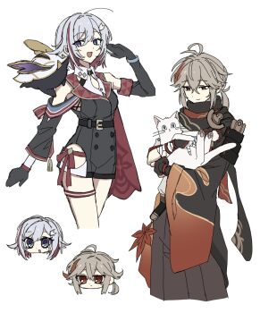 1boy 1girl ahoge animal animal_ears animal_nose antenna_hair armor asymmetrical_sleeves bandaged_hand bandages belt black_belt black_bodystocking black_choker black_gloves black_kimono black_pants black_scarf black_sleeves bracelet breasts cat cat_ears cat_tail choker closed_mouth collared_shirt colored_inner_hair commentary_request company_connection cowboy_shot creature crossed_bangs crossover detached_sleeves furuyo genshin_impact gloves grey_hair hair_between_eyes hair_ornament half-closed_eyes hand_up head_only highres holding holding_animal honkai:_star_rail honkai_(series) huge_ahoge japanese_armor japanese_clothes jewelry kaedehara_kazuha kimono kote kurokote lapels leaf long_hair long_sleeves looking_at_animal looking_down low_ponytail maple_leaf medium_breasts mihoyo multicolored_hair numby_(honkai:_star_rail) open_mouth pants ponytail red_eyes red_hair red_ribbon ribbon scarf seigaiha shirt shoulder_armor sidelocks smile standing streaked_hair tail thigh_strap topaz_(honkai:_star_rail) trotter_(honkai:_star_rail) white_cat white_fur white_shirt wide_sleeves