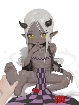 1boy 1girl azmira1534815 black_horns censored dark-skinned_female dark_skin demon_boy demon_girl demon_horns error.mdl feet flat_chest forehead green_eyes horns loli long_hair missing_texture_(source) novelty_censor original parted_bangs phallic_symbol pov simple_background sketch white_background white_hair