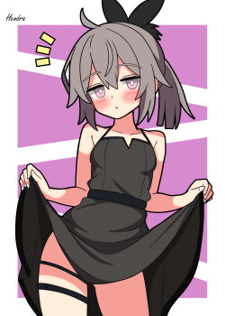 1girl absurdres black_dress blush breasts clothes_lift commentary dress dress_lift english_commentary girls&#039;_frontline grey_hair hendra highres m200_(girls&#039;_frontline) notice_lines small_breasts solo thigh_strap